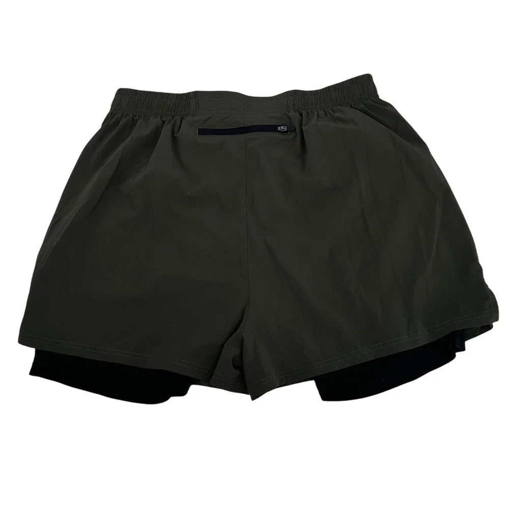 Pudolla Men's 2 in 1 Running Shorts Green Lined Athletic Gym‎ Workout Large
